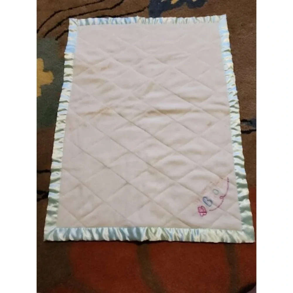 My Way Babies White Plush Baby Security Blanket w Green Satin Edge‎ Some Stains